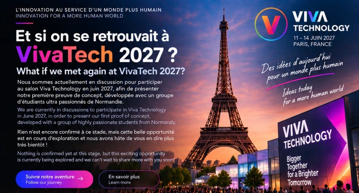Invitation à VivaTech 2027 avec la Tour Eiffel en arrière-plan à Paris.