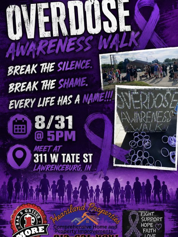 Overdose Awareness Walk event flyer in purple.