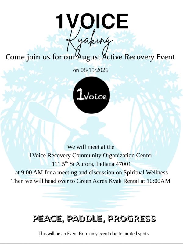 Flyer for 1Voice Kyaking Active Recovery Event on August 15, 2026.
