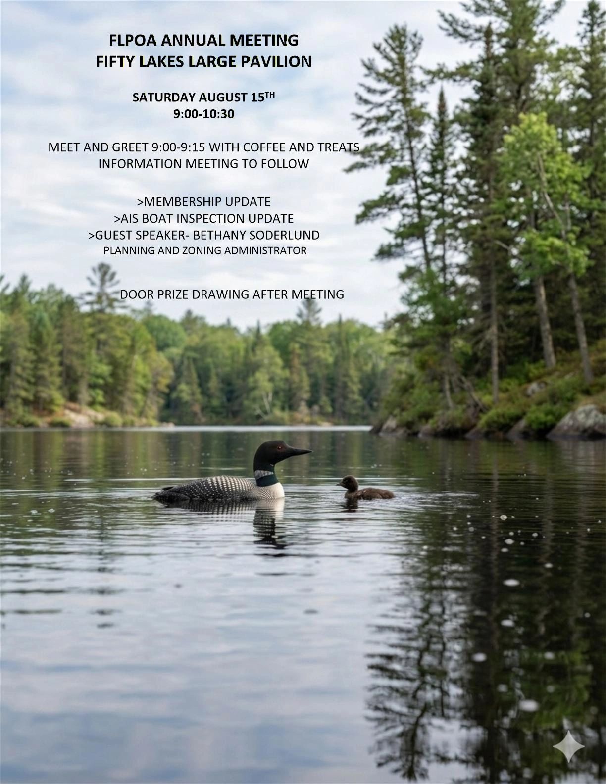 Invitation to FLPOA annual meeting with details and natural lake background.