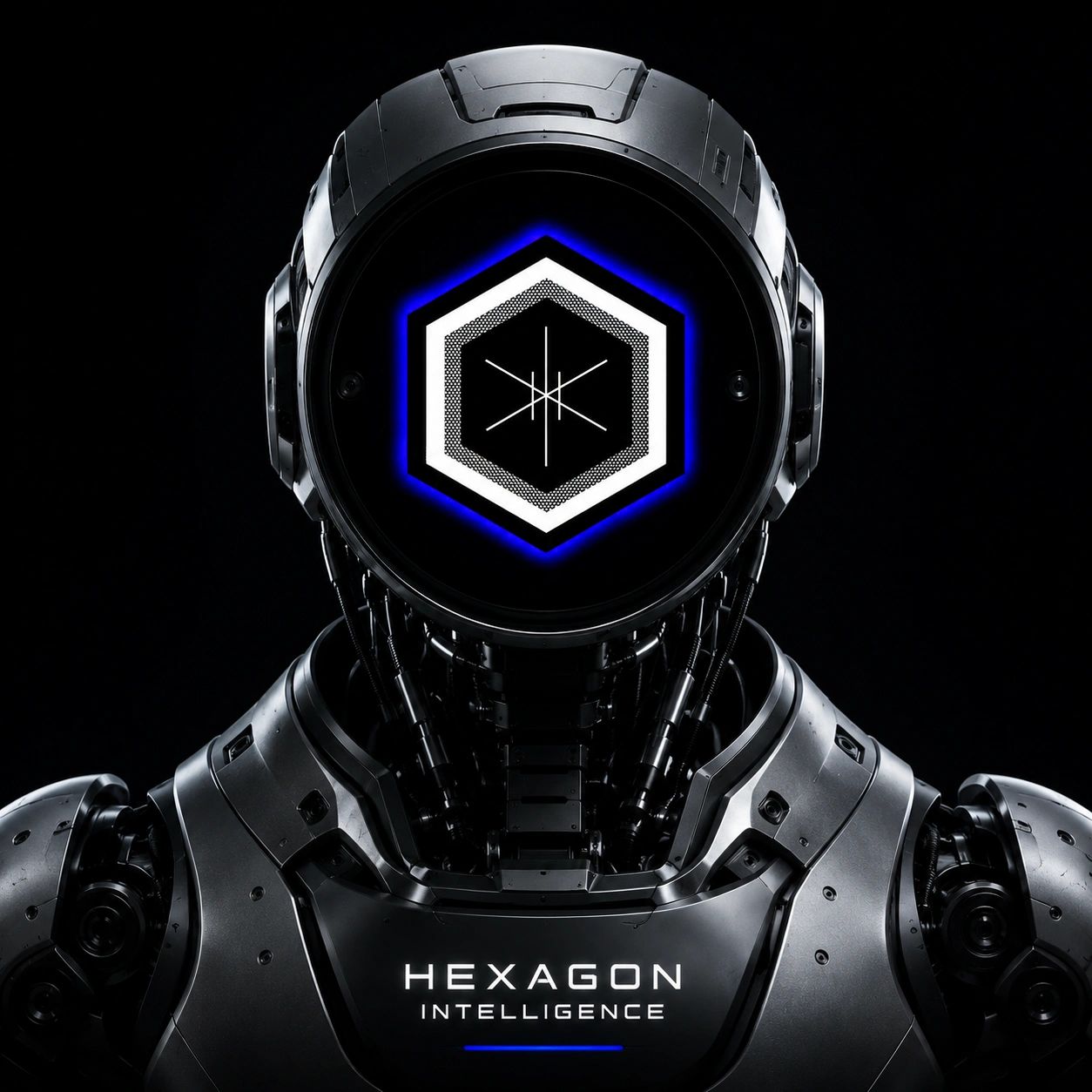 Futuristic robot with a hexagonal digital face.