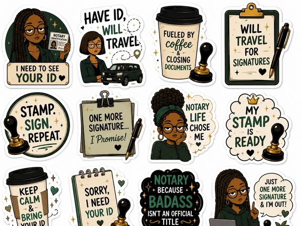 Various stickers about notary public work and IDs.