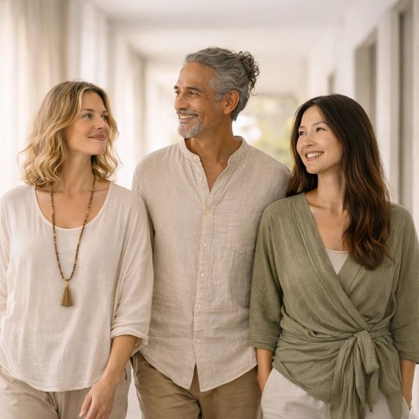 Three adults walking indoors, smiling and enjoying each other's company.
