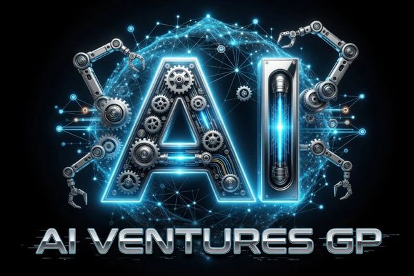 Futuristic AI logo with mechanical gears and robotic arms.