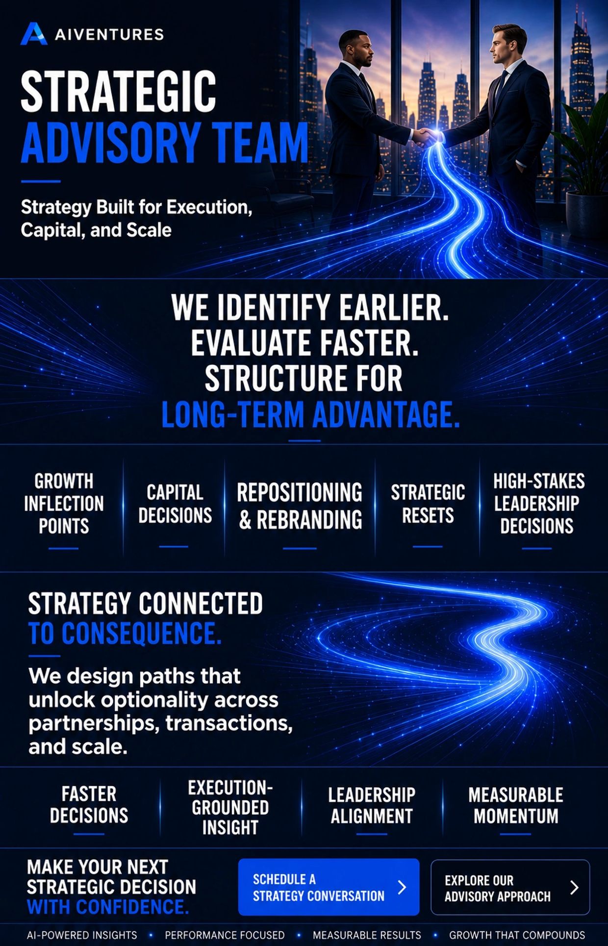 Two businessmen shaking hands with glowing blue lines symbolizing strategic connections.