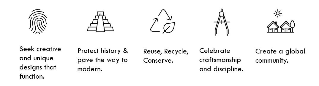Five icons with design and community values.