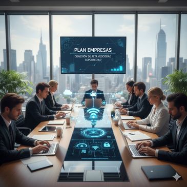Business team in a high-tech meeting room discussing a secure company plan.