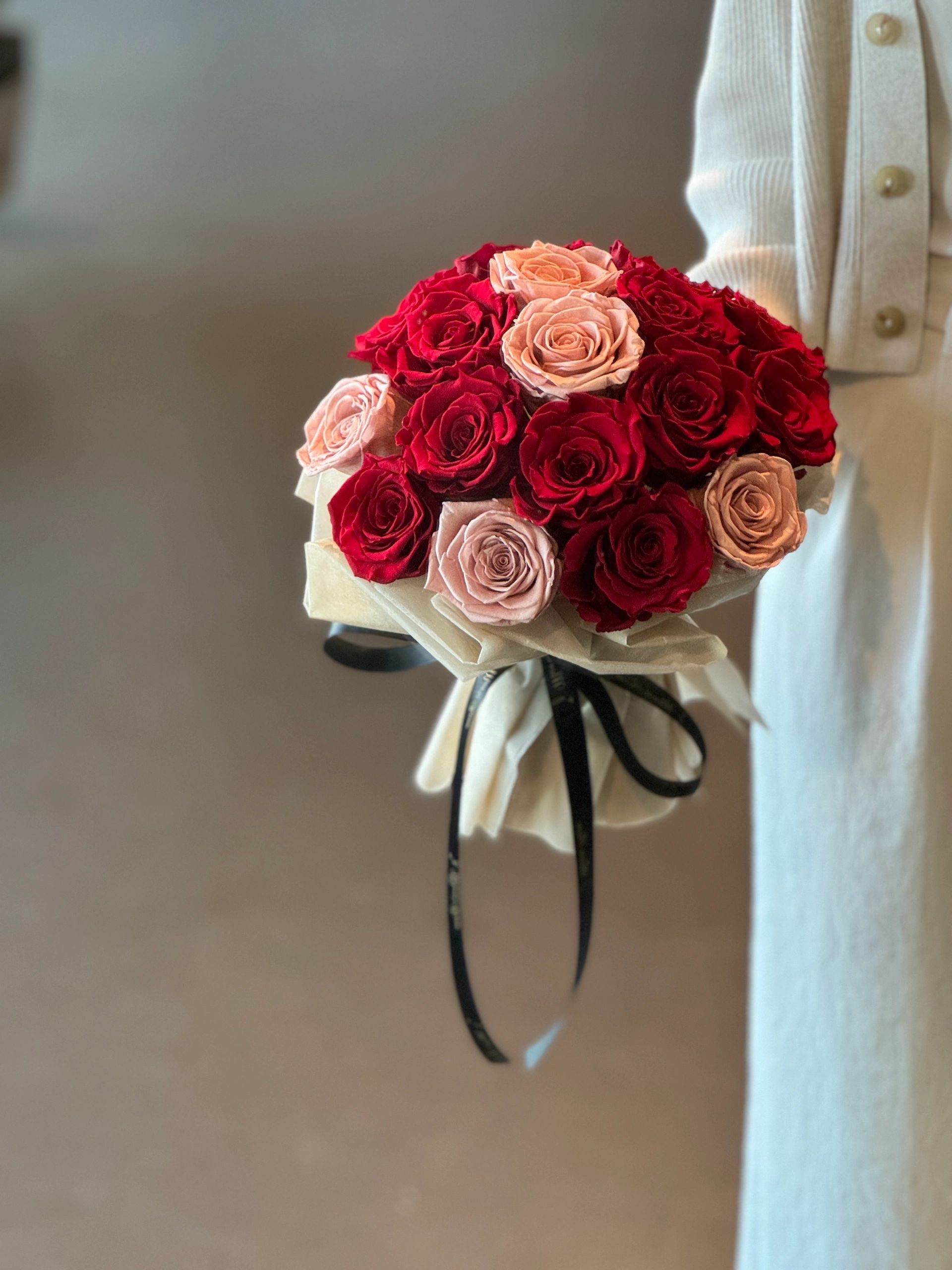 Cappuccino and Red Preserved Roses