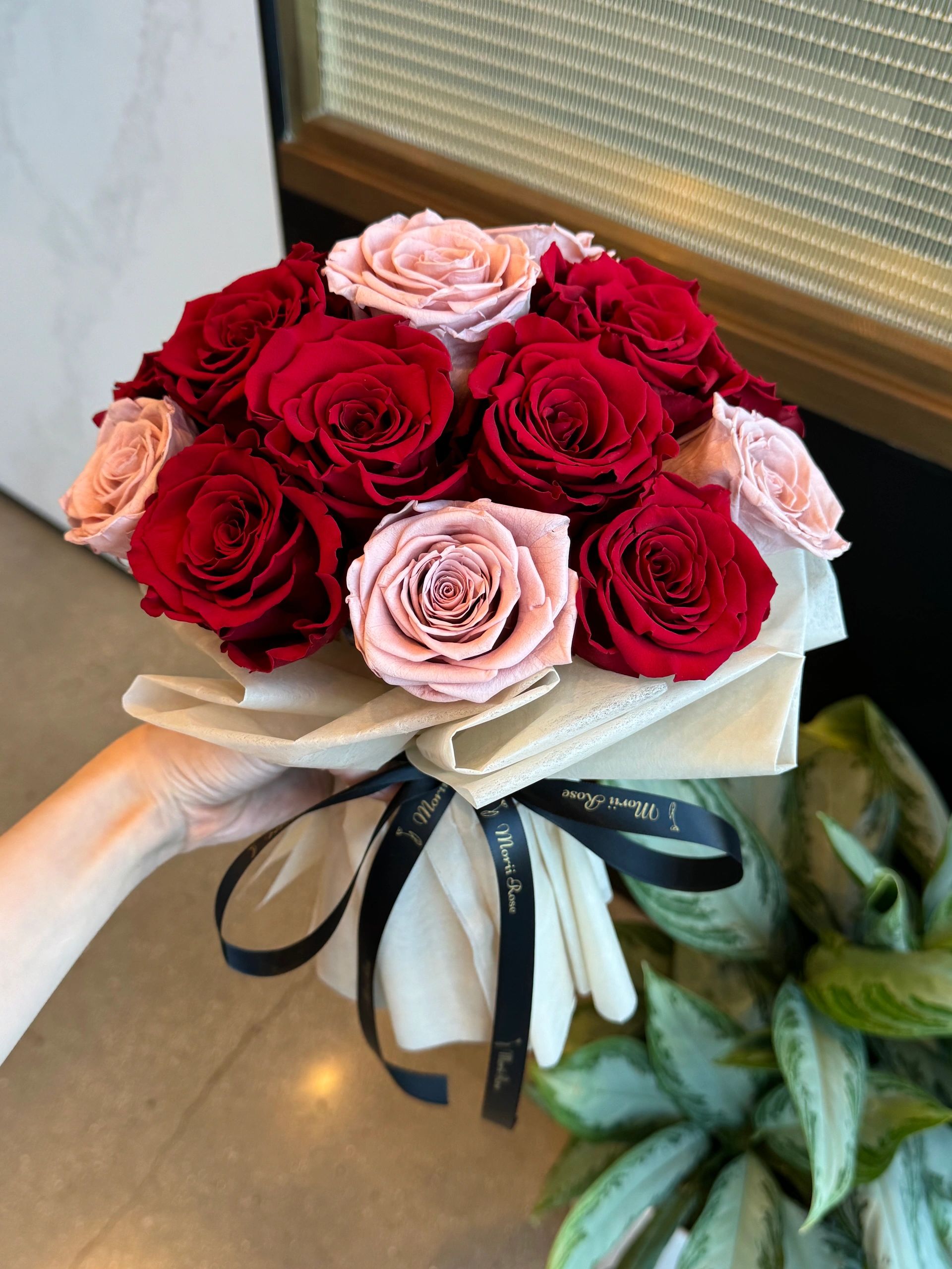 Cappuccino and Red Preserved Roses