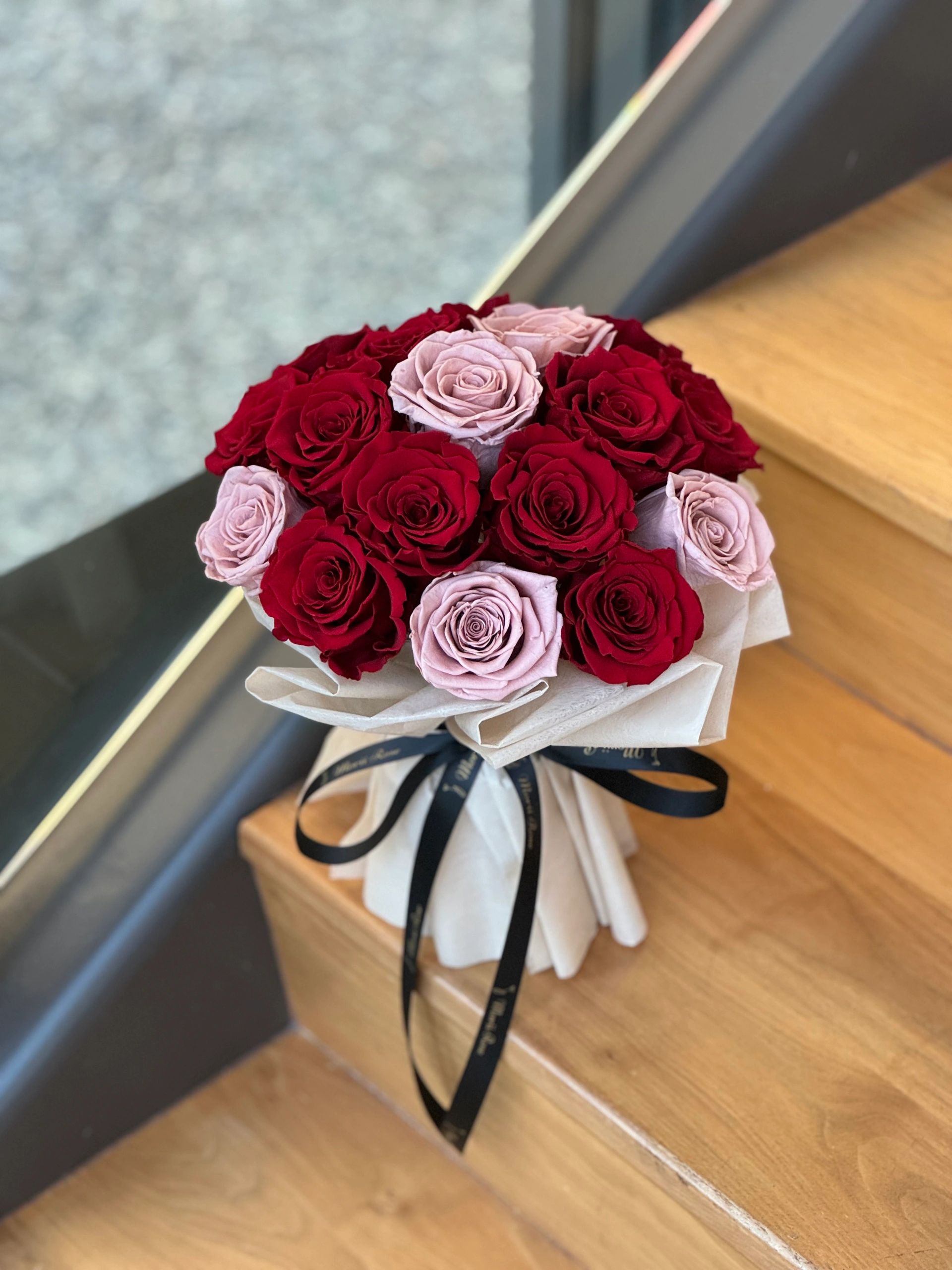 Cappuccino and Red Preserved Roses