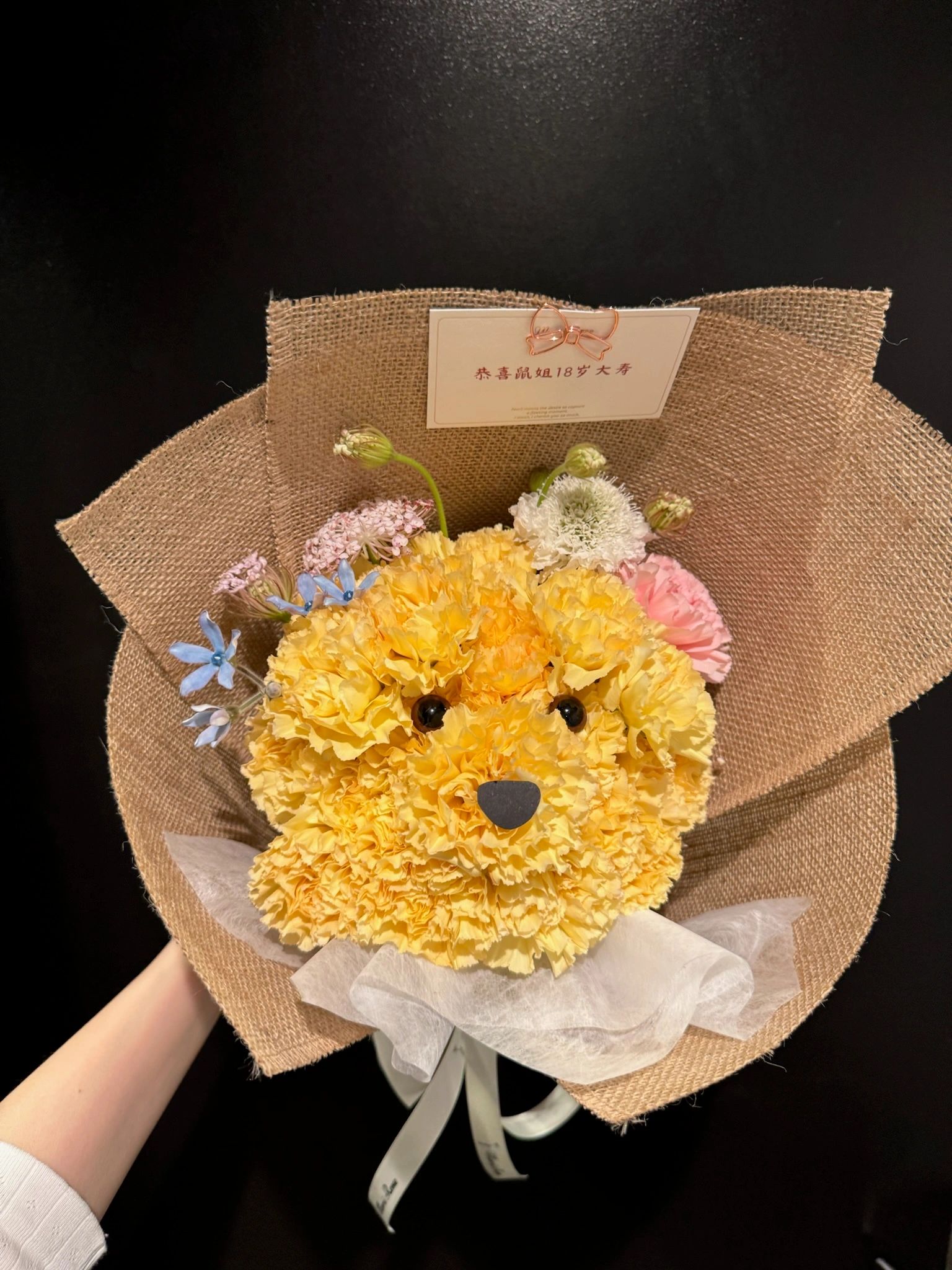 Sunny Carnation & Golden Retriever Puppy Bouquet