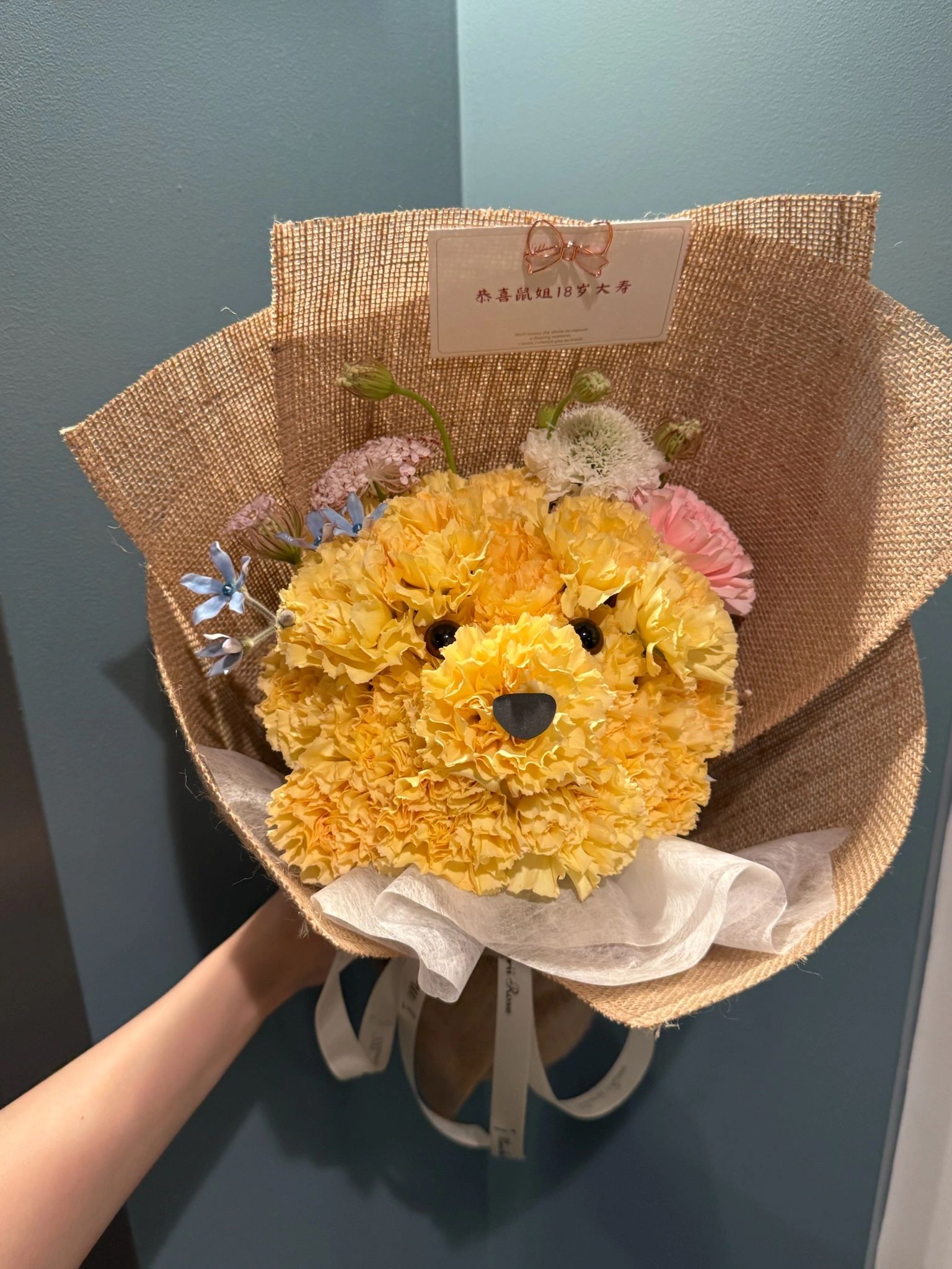 Sunny Carnation & Golden Retriever Puppy Bouquet