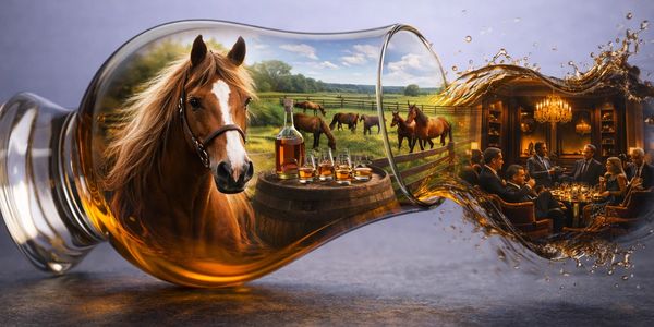 Glenn cairn illustration filled with a horse farm, people sipping on bourbon Kentucky bourbon Trail