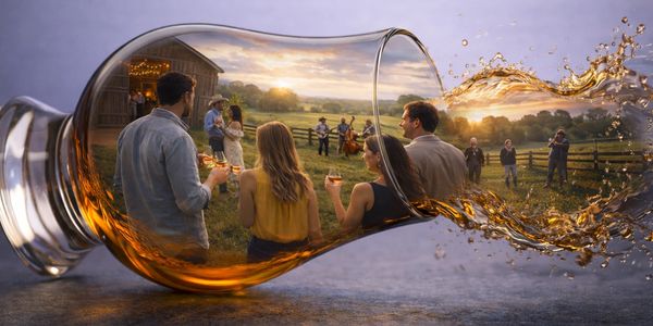 Glenn cairn filled with a scenery of the Kentucky bourbon Trail with people, smiling and laughing, 