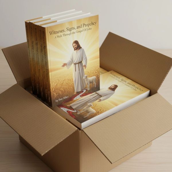 Books titled 'Witnesses, Signs, and Prophecy' in a cardboard box.
