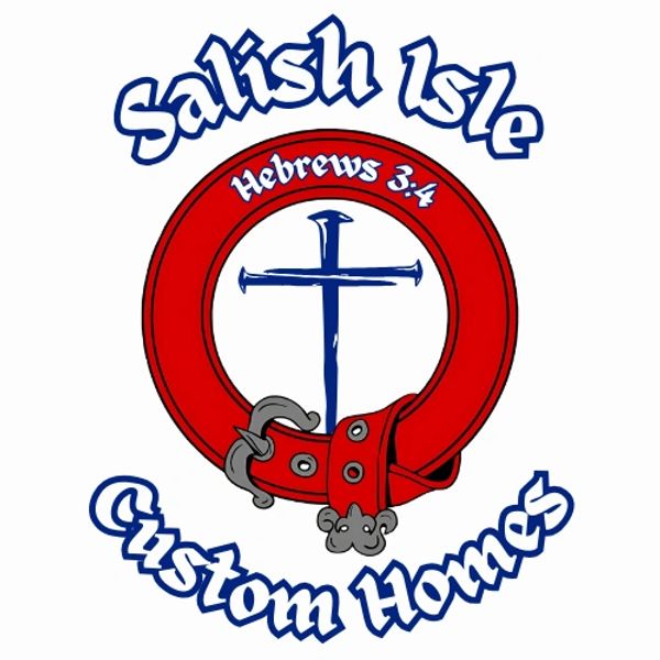 Logo featuring a red belt, cross, and text for Sakish Isle Custom Homes.