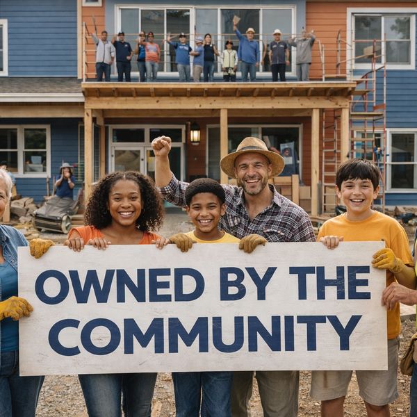 Happy diverse group holding a sign that says "Owned by the Community" in front of a house.