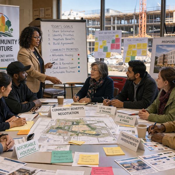 Community members discuss goals and priorities for neighborhood development around a large map.