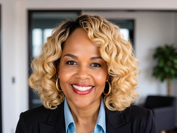 Smiling woman with curly blonde hair in professional attire.