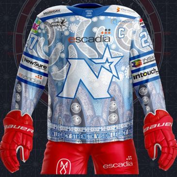 Ice hockey jersey with blue star logo and red gloves.