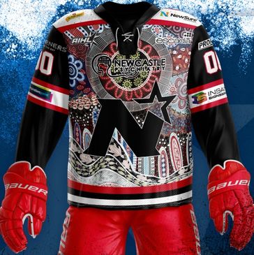 Newcastle Ice Hockey jersey with vibrant Indigenous artwork and red gloves.