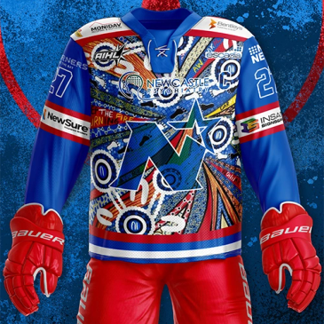 Colorful hockey jersey with Australian Aboriginal art and sponsor logos.