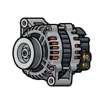 Illustration of a car alternator with detailed components.