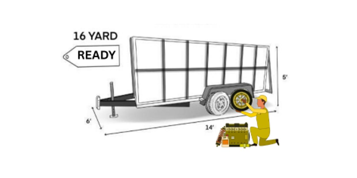 A person preparing a 16-yard trailer for use, checking the tire.