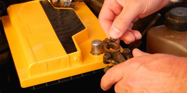 Hands attaching a car battery terminal clamp.