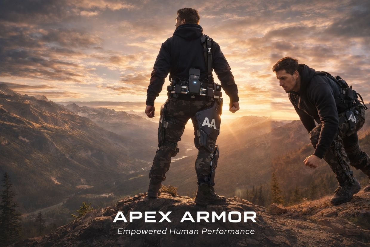 Two men wearing Apex Armor Exo Systems, advanced exoskeleton suits overlooking a scenic mountain sunset.