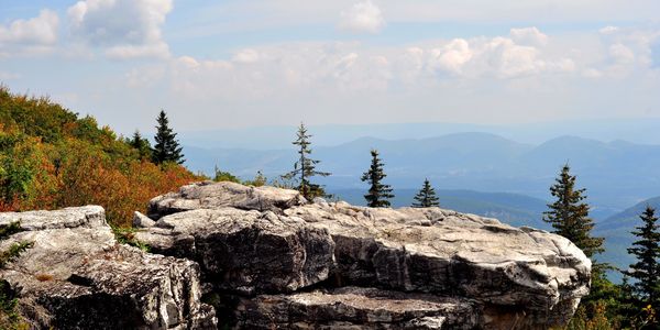 Rocky ledge with evergreen trees overlooking distant blue mountains under a cloudy sky.