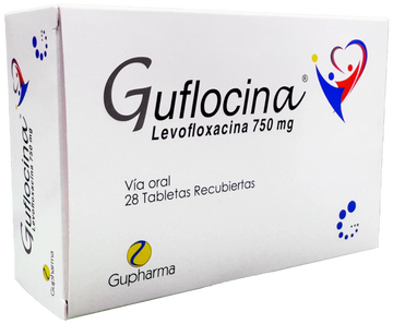 Caja de Guflocina 750mg (Levofloxacina).
Antibiótico usado para tratar diversos tipos de infecciones.
