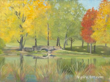 "Potter Lake", University of Kansas, footbridge, reflections in lake of fall colors, oil painting