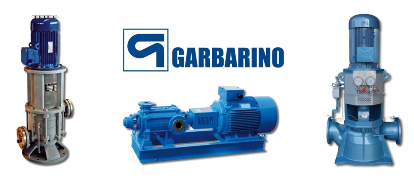 Three industrial blue pumps with Garbarino logo on white background.
