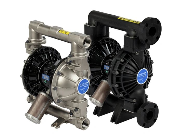 Two industrial diaphragm pumps with metallic and black components.