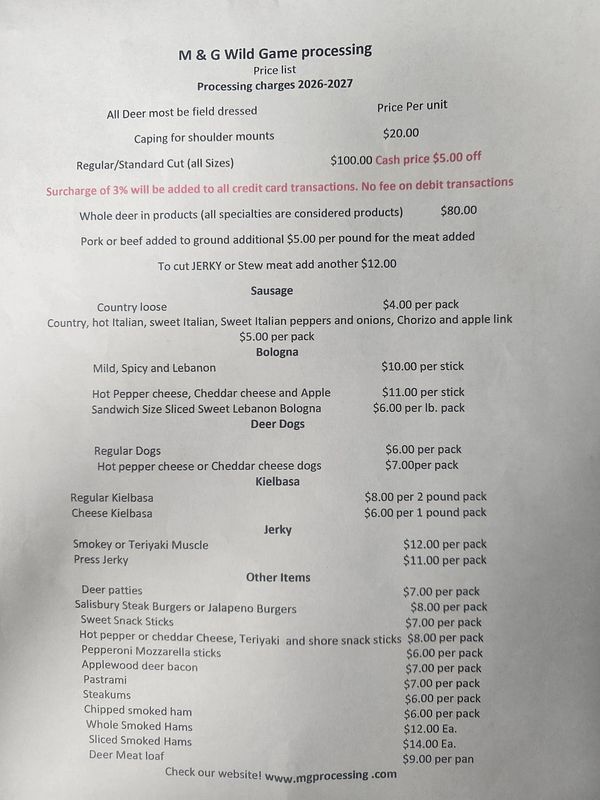Price list for wild game processing services and products for 2026-2027.