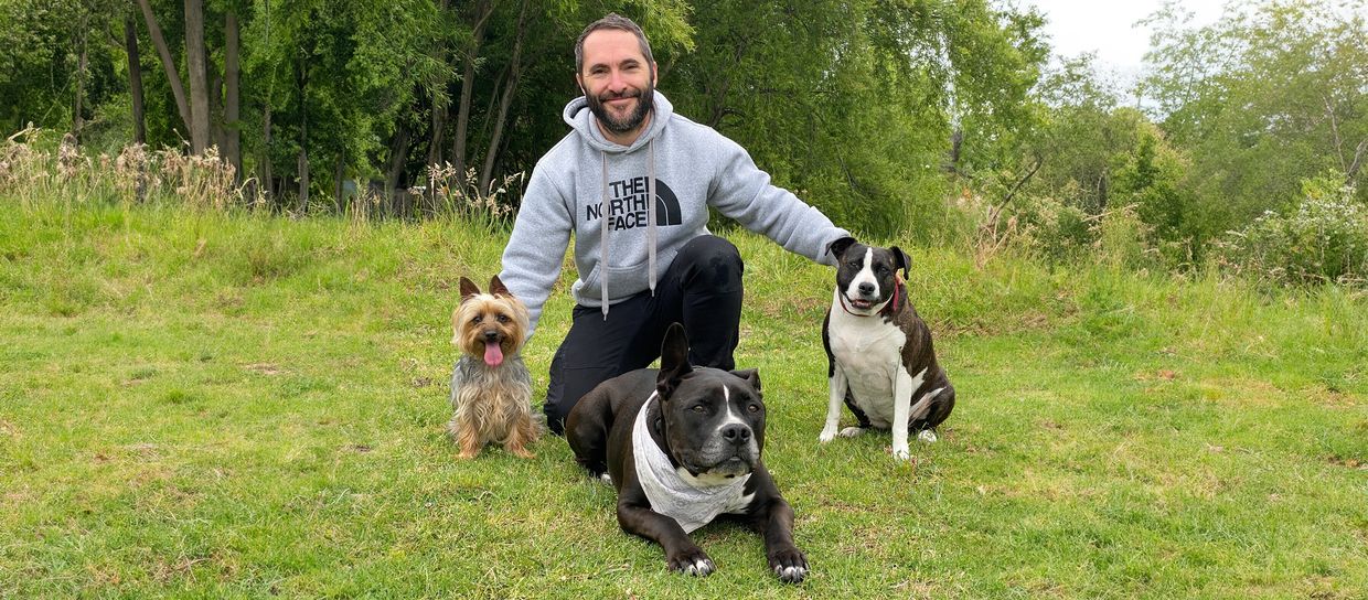 Man kneeling on grass with three dogs in a lush green park.