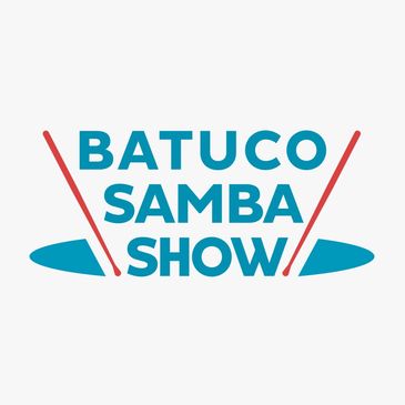 Logo for Batuco Samba Show with bold blue text and red drumsticks.