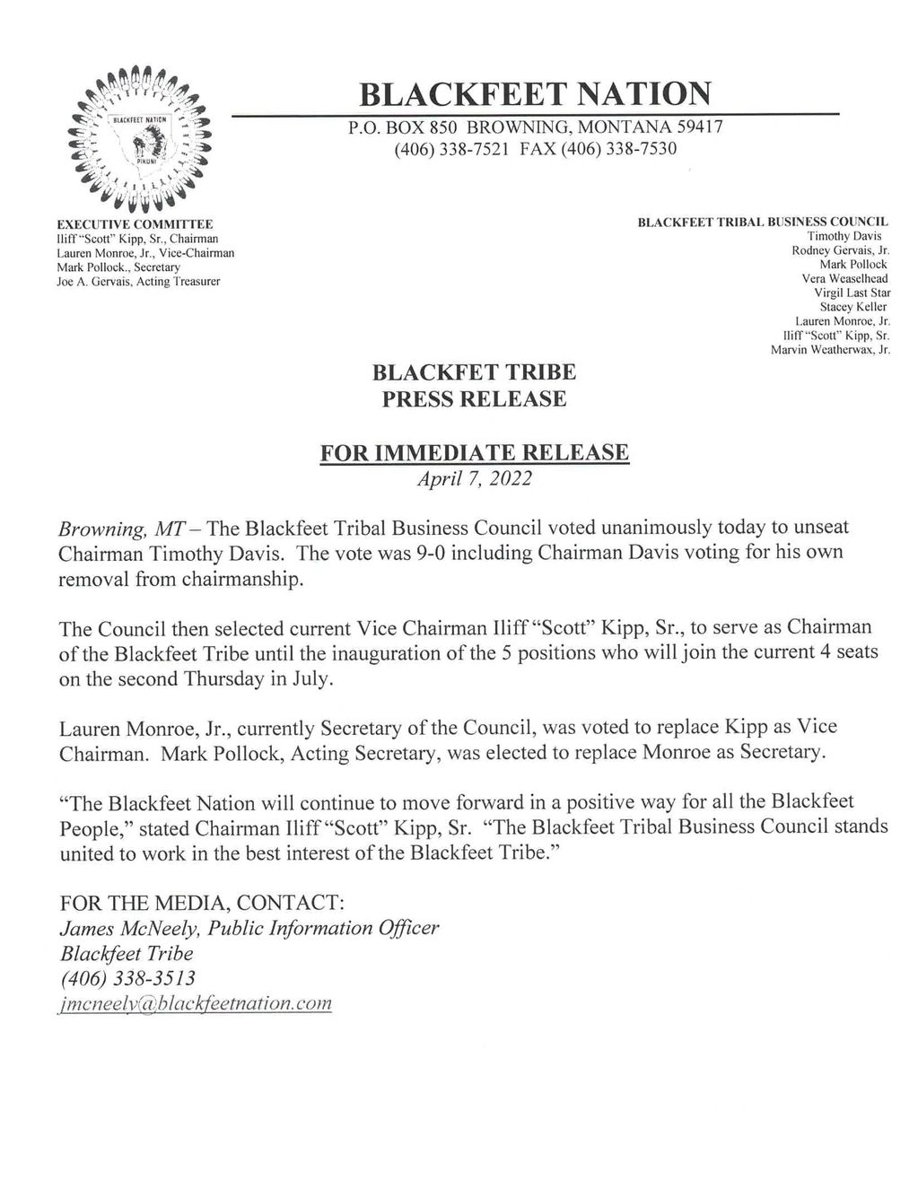 Blackfeet Nation/Tribe Press Release April 7th, 2022 