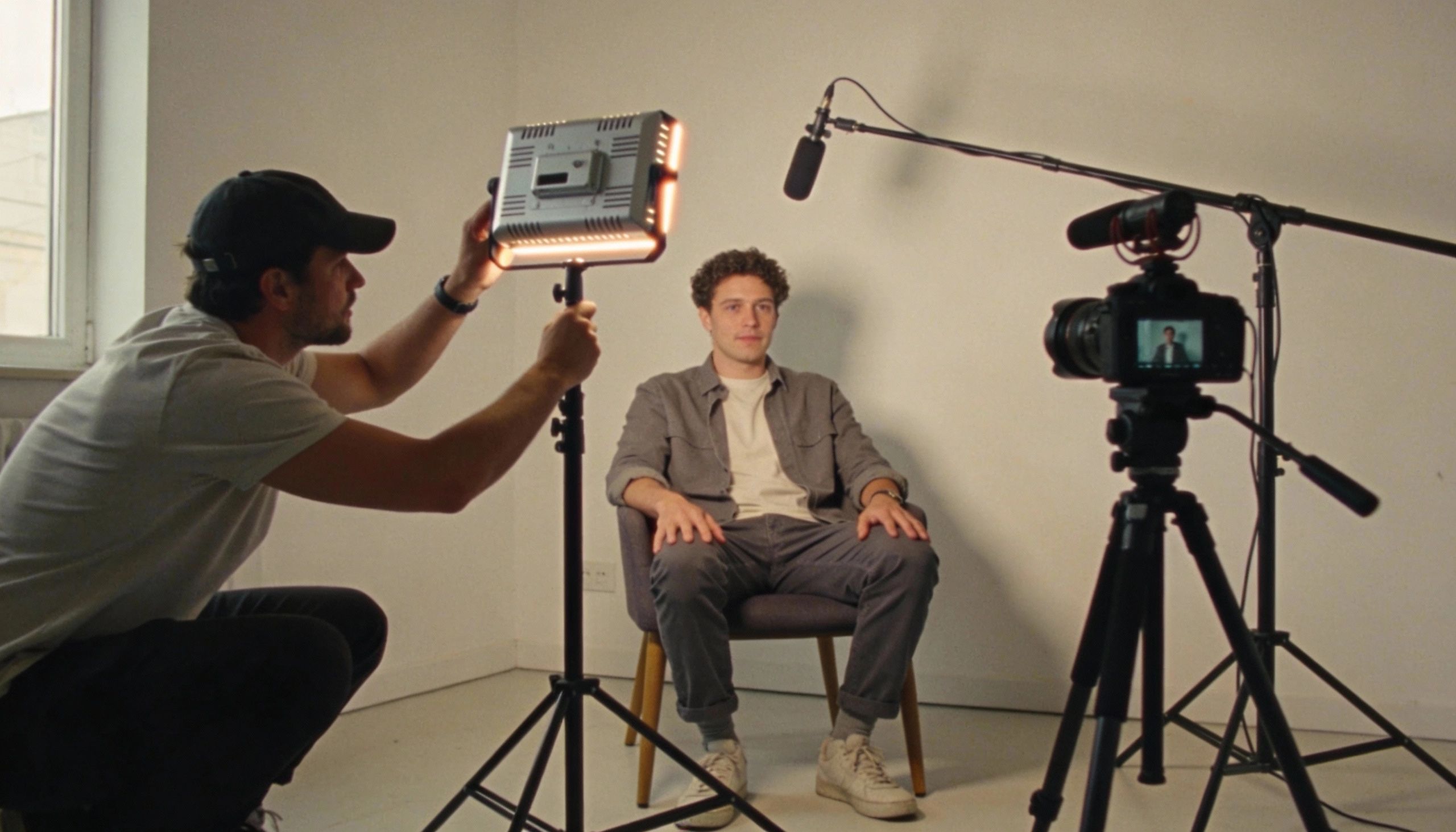 Professional Interview Videographer Setting Up Light in London 