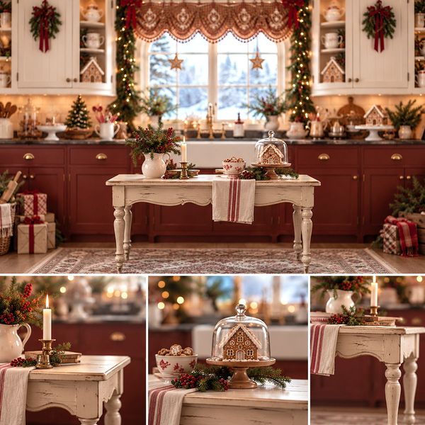 Cozy Christmas kitchen with festive decorations and gingerbread house.