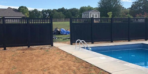 Backyard with a pool, black fence, and a small shed in the distance.