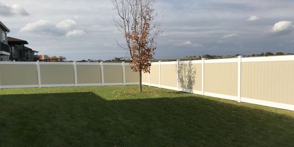 A backyard with a single tree and a beige fence under a cloudy sky.