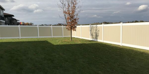 A backyard with a single tree and a beige fence under a cloudy sky.