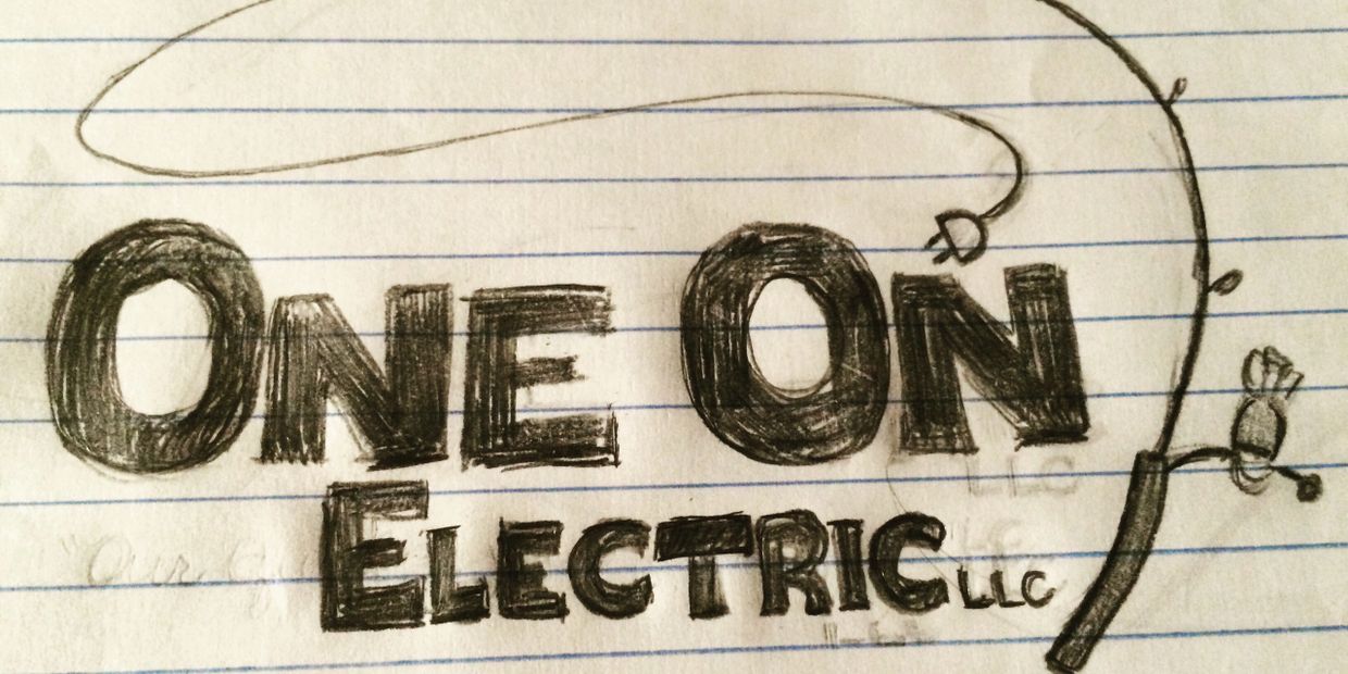 Hand-drawn logo for One On Electric LLC with a power plug illustration.