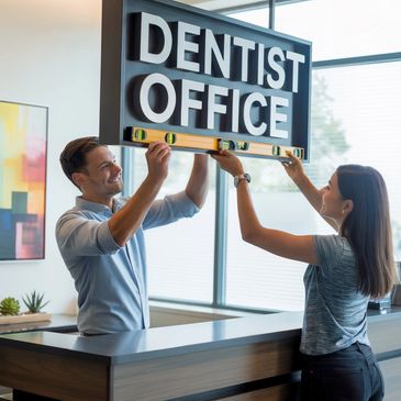 A couple hanging their business sign. 
