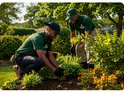 Two gardeners planting shrubs in a sunny garden.
