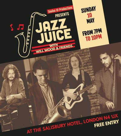 Jazz Juice live music event poster with band photo and event details.