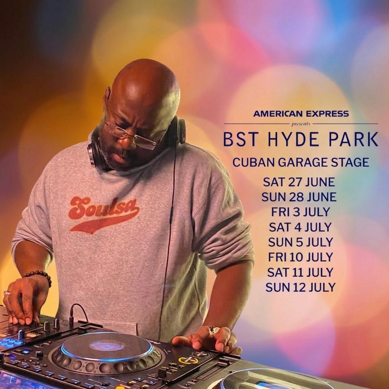 DJ performing at BST Hyde Park Cuban Garage Stage in summer.