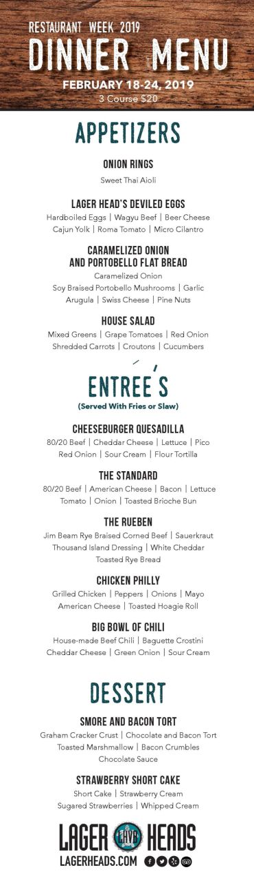 Restaurant Week 2019 dinner menu with appetizers, entrees, and desserts for $20.
